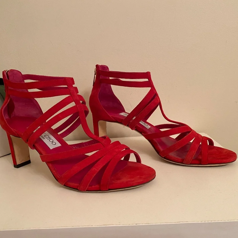 EUC JIMMY CHOO Red Suede Sandals IT 38 Fits like US 7 - Picture 2 of 11